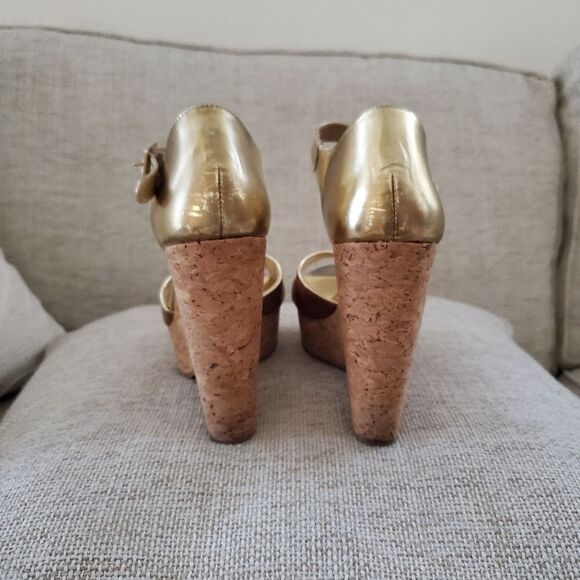 Jimmy Choo Brown/Metallic Gold Leather Pape Mirrored Cork Wedge Sandals Size 7 - Picture 9 of 16